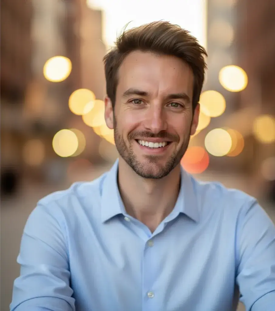 AI dating photo generated from the selfie — man in a light blue button-down against blurred city lights at dusk