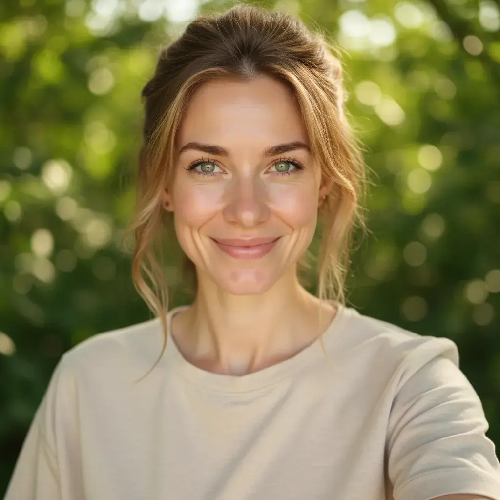 AI dating photo generated from the selfie — woman in a cream t-shirt outdoors with soft green foliage and sunlight behind her