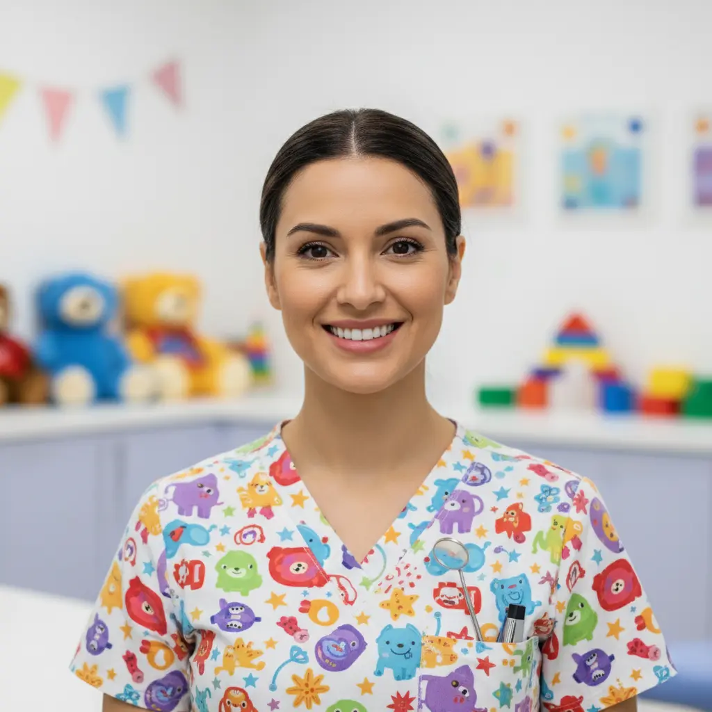 Pediatric dentist headshot with kid-friendly operatory backdrop
