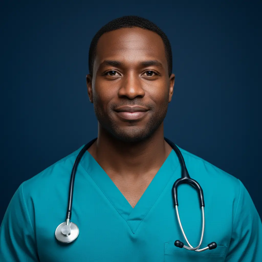 Emergency medicine doctor headshot in trauma bay environment