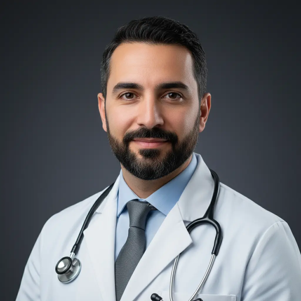 Internal medicine doctor professional headshot with modern practice background