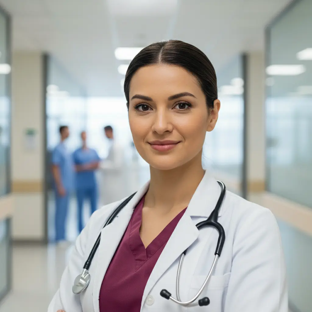 Nurse practitioner professional photo with patient care focus